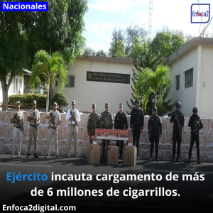 Miembros del Ejército de República Dominicana, adscritos a la Dirección de Inteligencia G2, llevaron a cabo una operación en la que lograron confiscar un cargamento que supera los 6,2 millones de unidades de cigarrillos de la marca ‘Capital’, con un valor estimado de 93,6 millones de pesos. Esta incautación es considerada una de las más grandes en la historia en términos de cantidad. Conforme a las declaraciones oficiales, estos cigarrillos fueron incautados en un centro de acopio en la ciudad de Santo Domingo, tras una exhaustiva labor de inteligencia. Por el hecho, fueron detenidas varias personas para fines de investigación, cuyos datos no pueden ser revelados para preservar la integridad del proceso que aún sigue en curso. El Comandante General del Ejército, Mayor Gral. Carlos Antonio Fernández Onofre, junto al Director de Inteligencia, G-2, Gral. de Brig. Pablo Roberto Jiménez Sánchez entregaron el cargamento al Director General del Cuerpo Especializado de Control de Combustibles y Comercio de Mercancías (CECCOM), Gral. De Brig. César A. Miranda Mañón, para luego ser traspasado al Ministerio de Industria, Comercio y Mipymes, dándole cumplimiento a lo establecido en el Decreto No. 55-21, de fecha 2 de febrero de 2021, para su correspondiente proceso de destrucción.